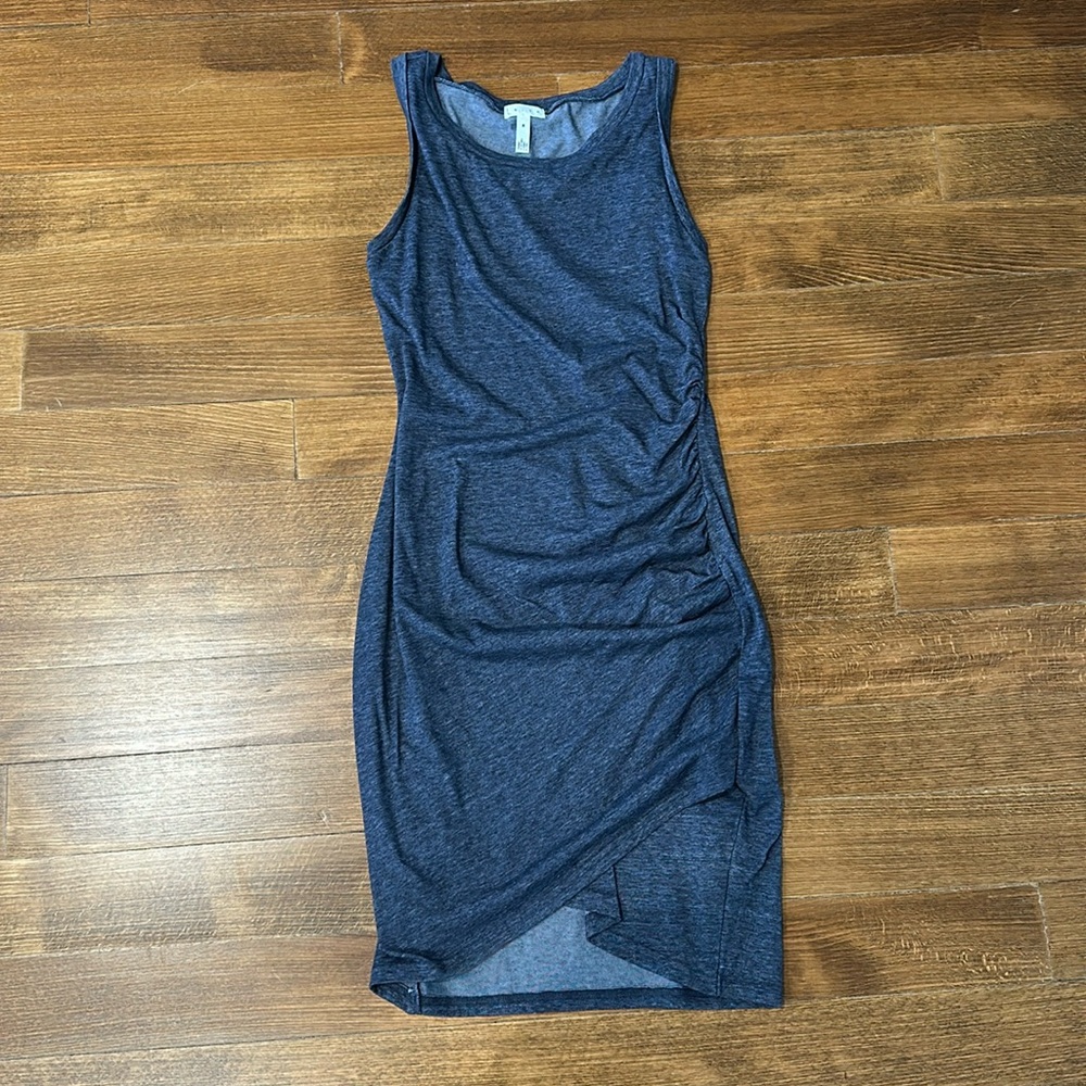 Leith casual dress sheath crew with cross front and ruching sz medium blue
